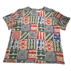 Vintage Cathy Lee Geometric Patchwork Print Blouse Short Sleeve Multi Color L